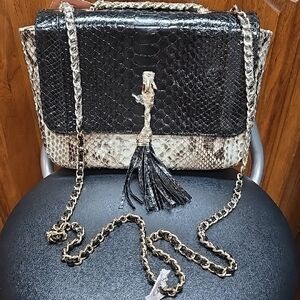 Black and Natural Snake-Print Crossbody Bag with Tassel